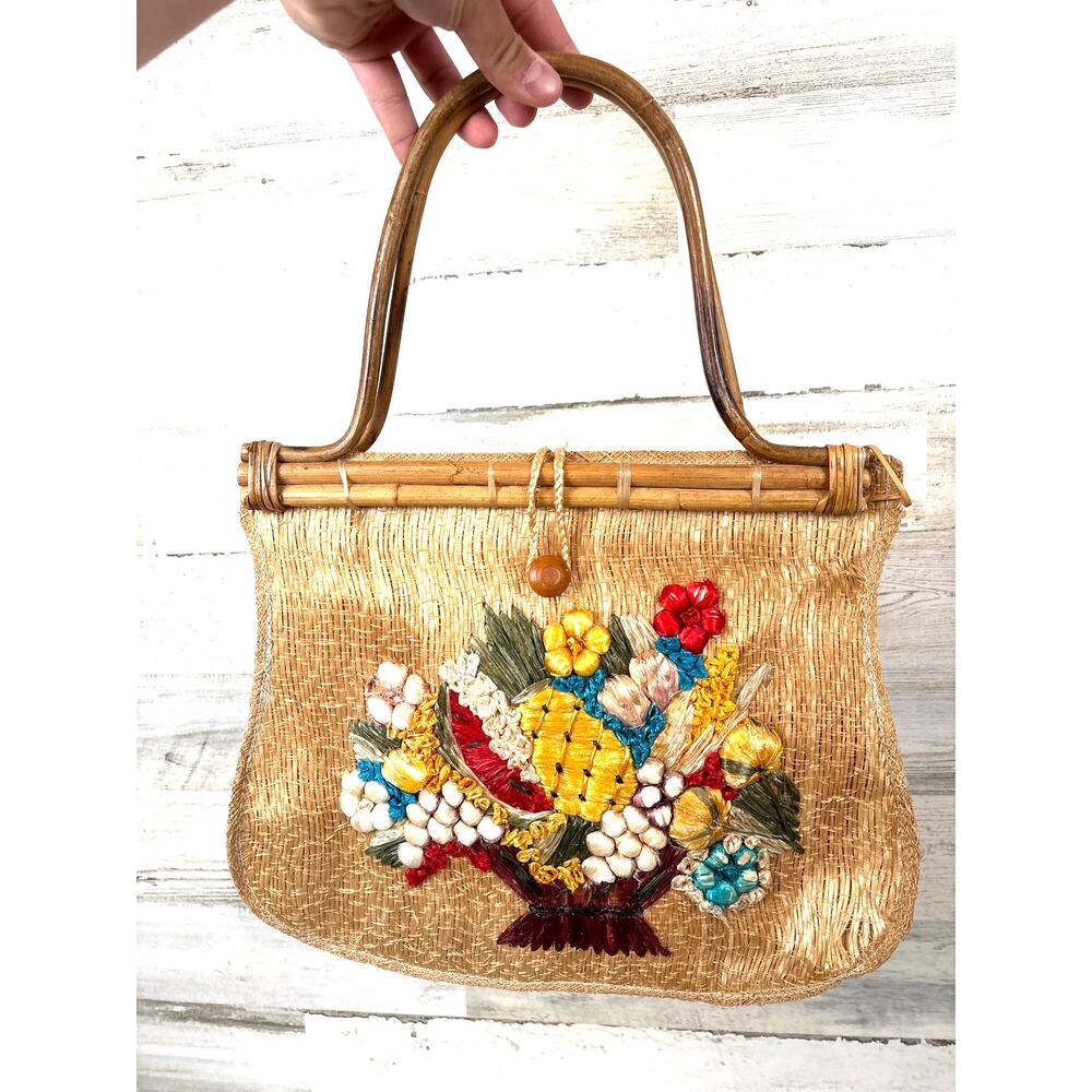 Vintage Unbranded 60s Tan Grass Multi Embroidered Floral Handle Bag Purse
